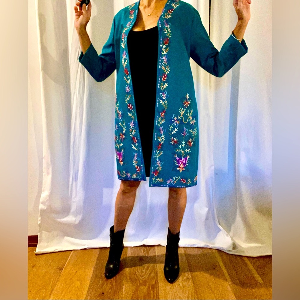 light-weight Embroidered Teal Long Jacket